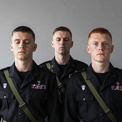 Three Soldiers in Dark Military Uniforms