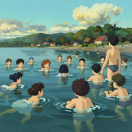 Children Swimming at a Beach in Animated Style