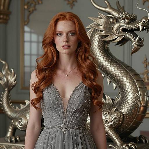 Red-haired Woman in Beaded Dress with Silver Dragon Statue