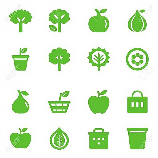 Grid of 20 green, simplistic eco-icons: trees, broccoli, apple, pear, recycling symbol, potted plant, gear, water drop,