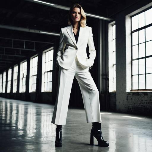 Woman in White Tailored Suit and Black High Heel Boots