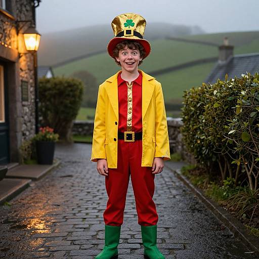 Photograph of a young boy in a vibrant leprechaun costume, yellow jacket, red pants, green boots, and gold top hat, standing