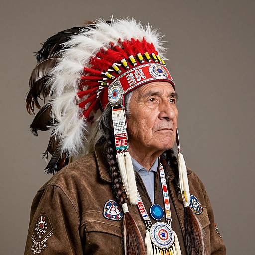 Photograph of an elderly Native American man with a red, white, and black feathered headdress, brown jacket, and braided hair, looking