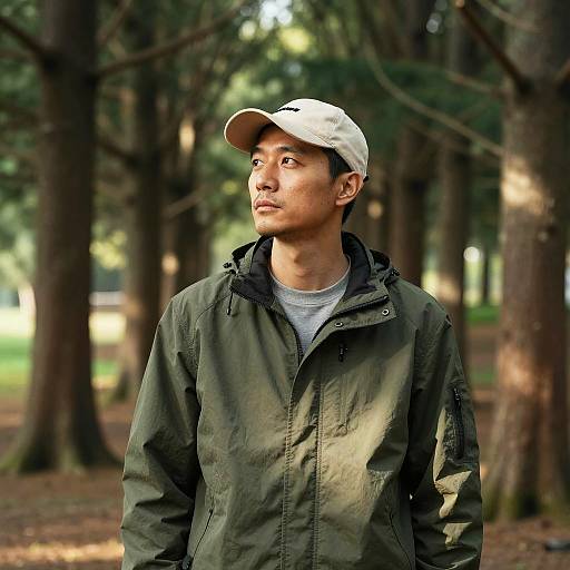 Man in Green Jacket Standing in Forest