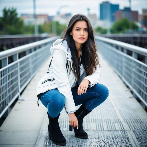 Young Woman Squatting on Urban Bridge