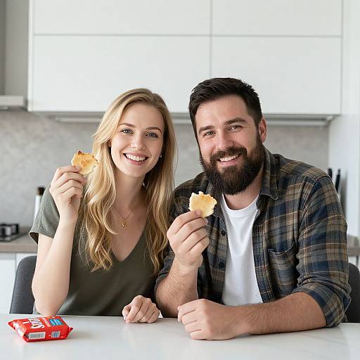 Photograph of a smiling blonde woman and bearded man with dark hair, both holding cheese puffs, seated at a white kitchen table. Pack of