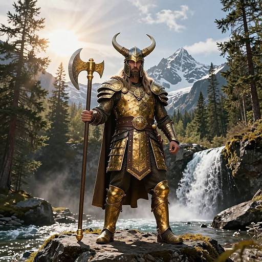 Digital artwork: Viking warrior in gold armor with horns, holding axe, stands on rocky riverbank beside waterfall and snow-capped mountains. Sunlight filters