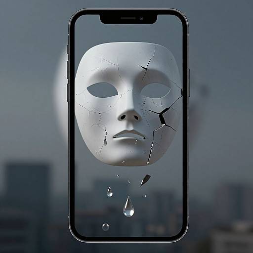 Photograph of a cracked white mask on a smartphone, with cityscape background and water droplets below. Digital blend of realism and surrealism.