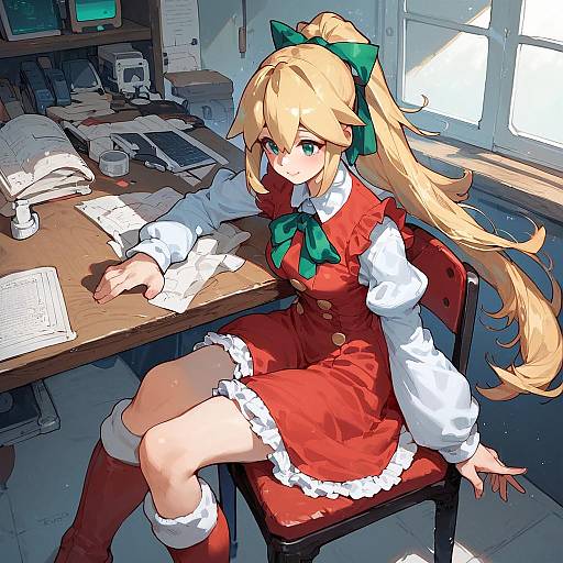 Anime Girl Sitting Indoors with PC