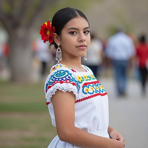 Photograph of a young Latina girl with dark hair, adorned with a red flower, wearing a white embroidered dress with colorful floral patterns, standing outdoors with