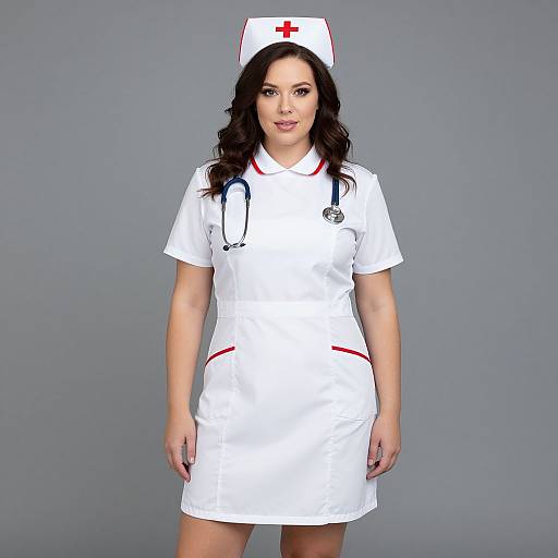 Photograph of a young woman with long black hair, wearing a white nurse's uniform with red trim, a nurse's cap, and stethoscope