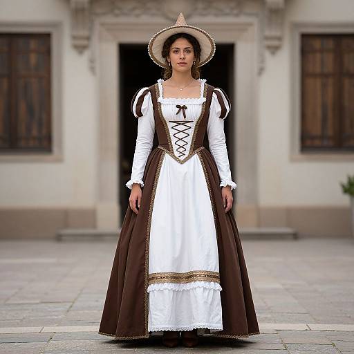 Photograph of a young woman in a Renaissance-style brown and white dress with lace, lace-up bodice, and wide-brimmed hat, standing