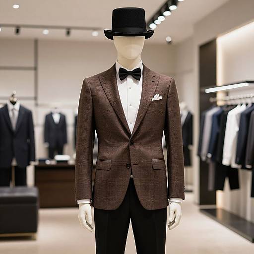 Photograph of a faceless mannequin in a brown checkered suit, black bow tie, white dress shirt, black bowler hat, and