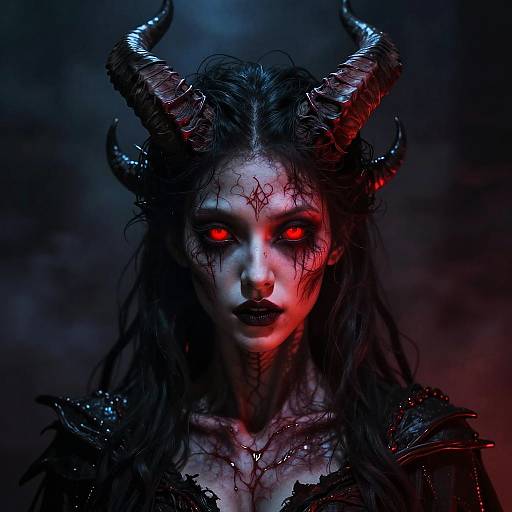 Digital painting of a demonic woman with glowing red eyes, blackened skin, sharp horns, and wet, dark hair, illuminated by red and blue light