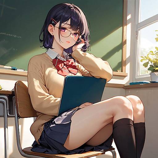 Gentle Anime Schoolgirl in Classroom