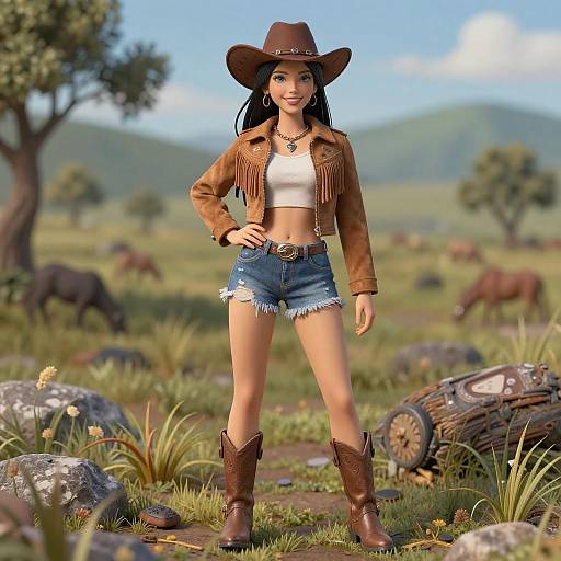 Photorealistic Grinning Cowgirl in Nature