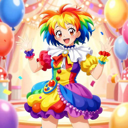 Vibrant anime-style illustration of a cheerful, rainbow-haired girl in a colorful clown outfit, waving with balloons in the background.