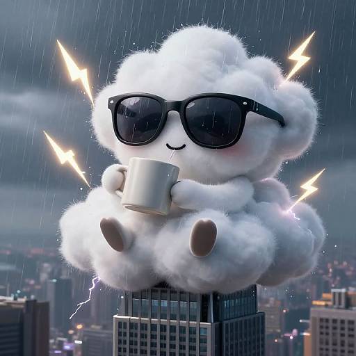 Cartoonish, fluffy white cloud with black sunglasses, holding a mug, sitting on a skyscraper during a stormy night, lightning bolts illuminating
