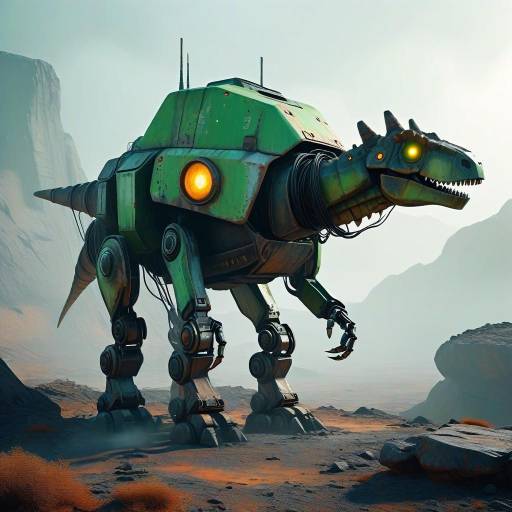 Futuristic Dinosaur Robot in Foggy Landscape