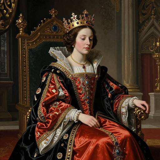 Renaissance-style portrait of a fair-skinned queen with brown curls, wearing a gold crown, red and black satin gown with gold embroidery, seated