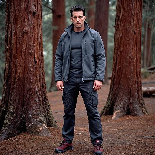 Photograph of a muscular man with short dark hair, wearing a gray jacket, black shirt, pants, and red sneakers, standing in a forest with