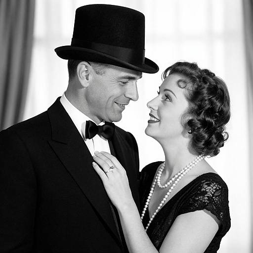 Black-and-white photograph of a smiling couple in vintage attire. Man in black suit, bow tie, and hat; woman in lace dress, pearl necklace