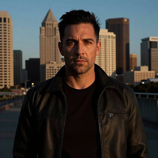 Photograph of a serious-looking, dark-haired man in a black leather jacket, standing in front of a cityscape with tall buildings at sunset.