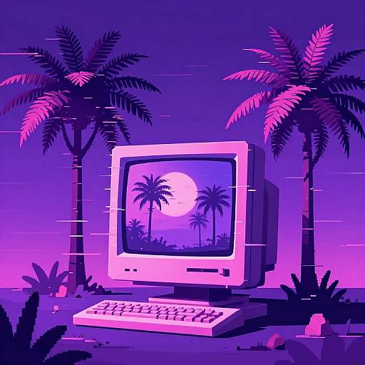 Digital illustration of a retro computer with a glowing screen showing palm trees and a full moon, set against a purple and pink gradient night sky, surrounded by