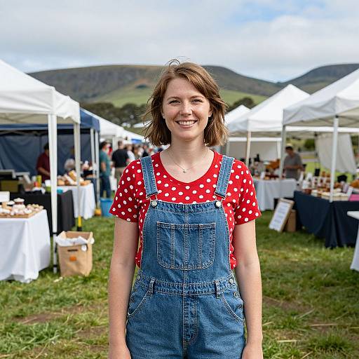 Photograph of a smiling white woman with shoulder-length brown hair, wearing a red polka-dot shirt and blue denim overalls, standing in front of