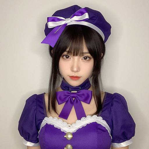 Photograph of an Asian woman with fair skin, black hair, wearing a purple maid outfit with white lace, bow, and hat, set against a