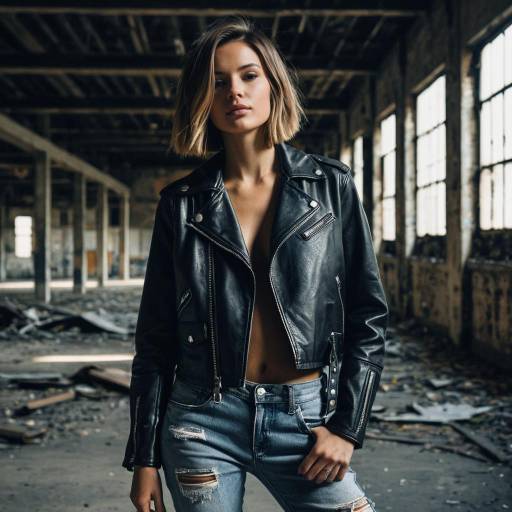 Fashion Model in Leather Jacket and Ripped Jeans