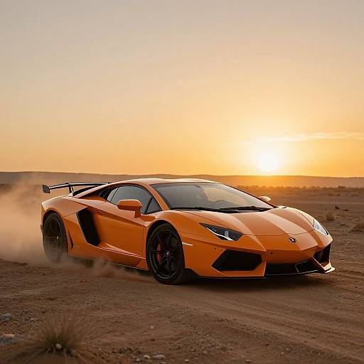 Photograph of a bright orange Lamborghini Aventador with black accents, driving on a dusty desert road at sunset.