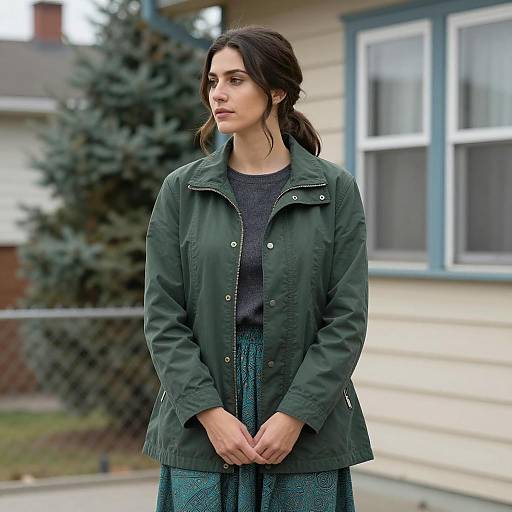 Woman in Green Jacket by Wooden House