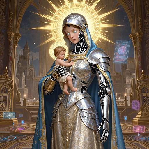 Digital artwork of a cyberpunk Virgin Mary in silver armor holding baby Jesus, with glowing halo, futuristic cathedral backdrop, and holographic icons.