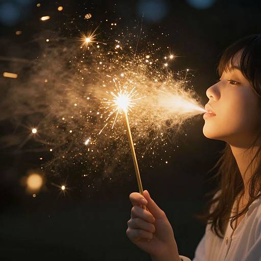 Photograph of a young woman with fair skin and black hair, lighting a sparkler, emitting bright, golden sparks against a dark background.