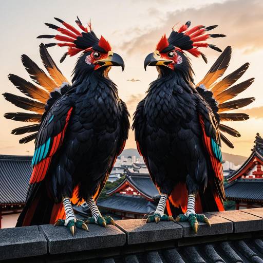 Whimsical Tengu Guardians on Temple Rooftops