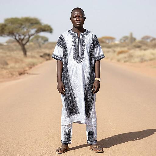 Photograph of a Black man standing on a sunlit, sandy African road, wearing a white and black patterned traditional African garment, brown sandals,