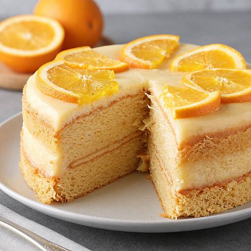 Photograph of a moist orange-flavored pound cake with thick cream frosting, topped with orange slices, on a white plate. A slice is cut out