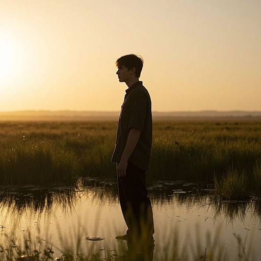 Silhouetted man in dark clothes stands in shallow water at sunset, reflecting golden sky, with marsh grasses in the background. Photograph.