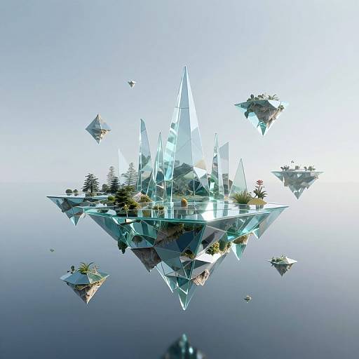 Digital artwork of floating, crystal-like islands with greenery and small plants, suspended in a reflective, light-blue, and white gradient sky.