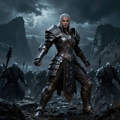 Photorealistic digital art of a silver-haired, armored warrior standing confidently in a dark, rocky battlefield with a cloudy, moonlit sky.