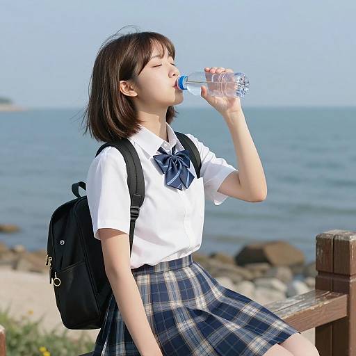 Asian Schoolgirl Refreshing by the Ocean