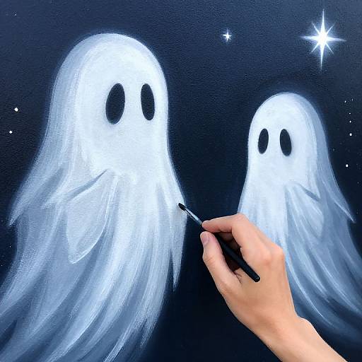 Hand painting two glowing white ghost figures with black eye holes against a dark starry night background using a paintbrush.