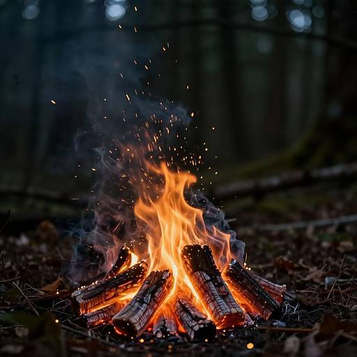 Photograph of a vibrant campfire in a dark forest, with bright orange flames, glowing embers, and dark, blurred trees in the background.