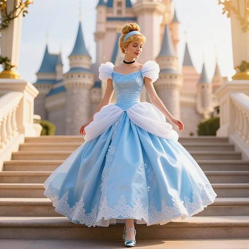 Photograph of a blonde woman in a blue princess gown with white puffed sleeves, standing on castle steps, with towering blue and white turrets in