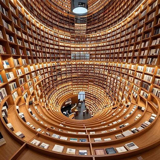 Photograph of a grand, circular, wooden library with illuminated bookshelves spiraling upwards, a central light fixture, and a person seated in the