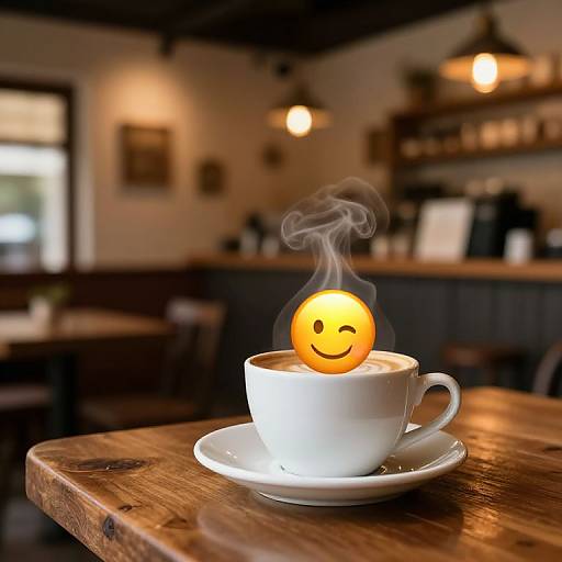 Photograph of a white coffee cup with a smiling, steaming orange emoji on a wooden table in a cozy, dimly-lit café. Background