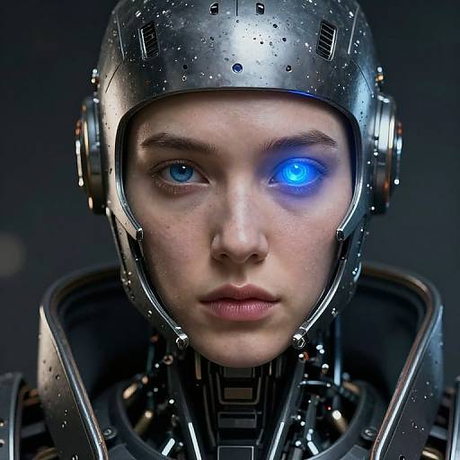 Photorealistic CGI portrait of a young woman with cybernetic helmet, one blue glowing eye, and detailed metallic armor against dark background.
