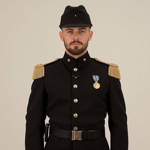 Photograph of a bearded man in a black military uniform with gold epaulettes, black cap, and medals, against a white background.