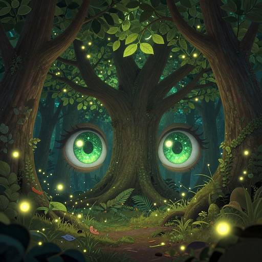 Digital artwork of a mystical forest with a giant tree featuring glowing, green, circular eyes. Glowing fireflies illuminate the lush foliage and grassy path